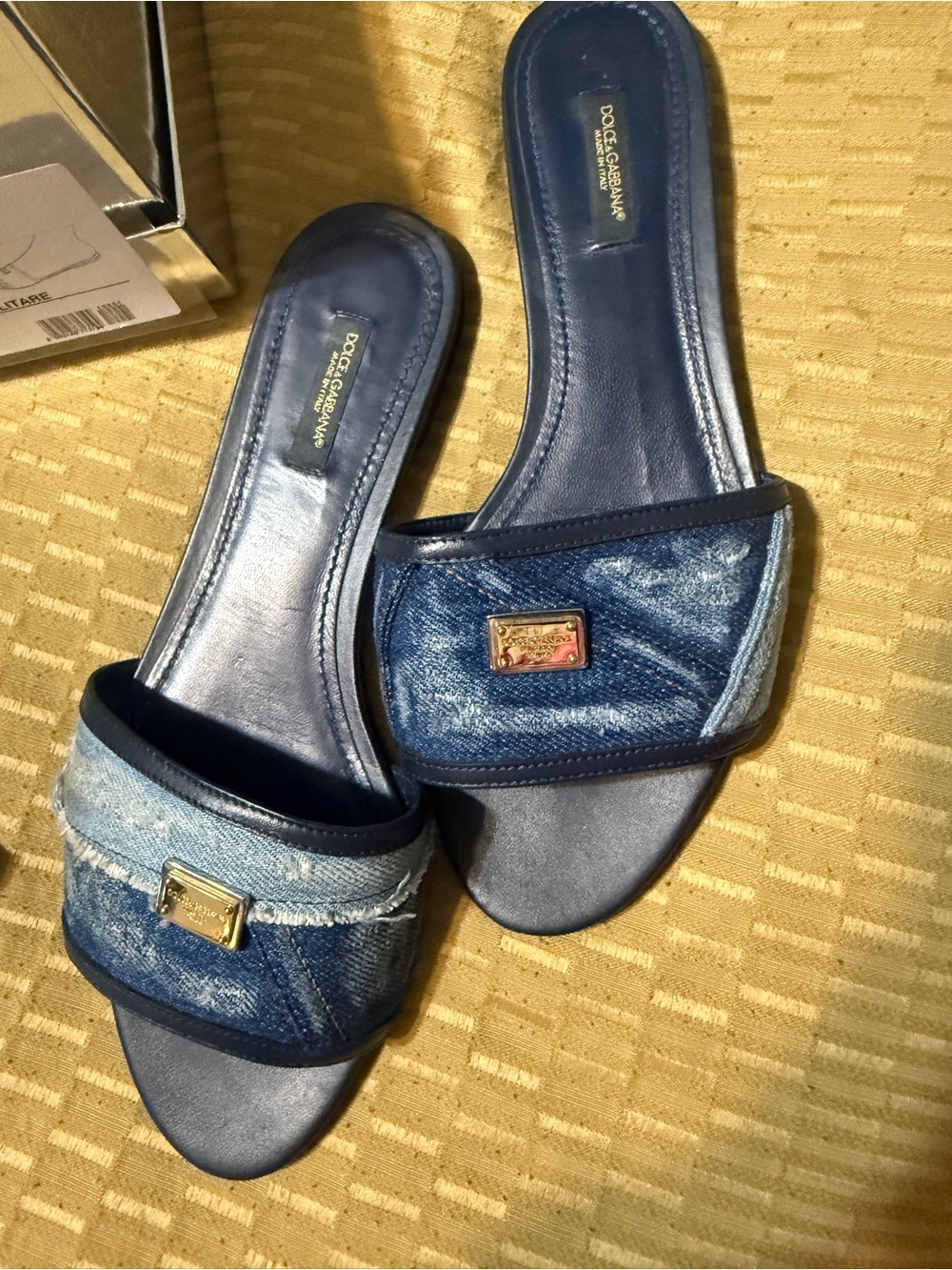 Dolce & Gabbana Denim Slide Sandals with Gold Plaque